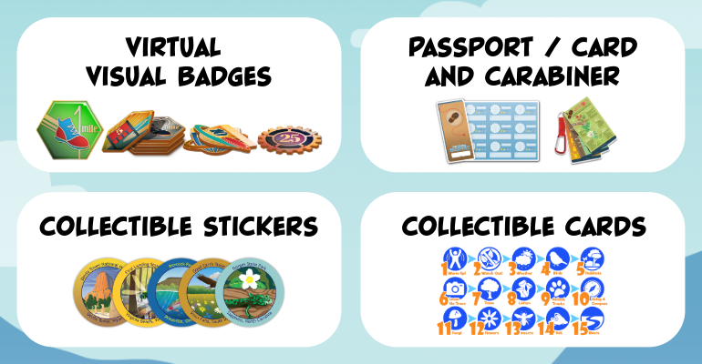 nature themed prizes include virtual badges, passport, carabiner, and collectable stickers and cards