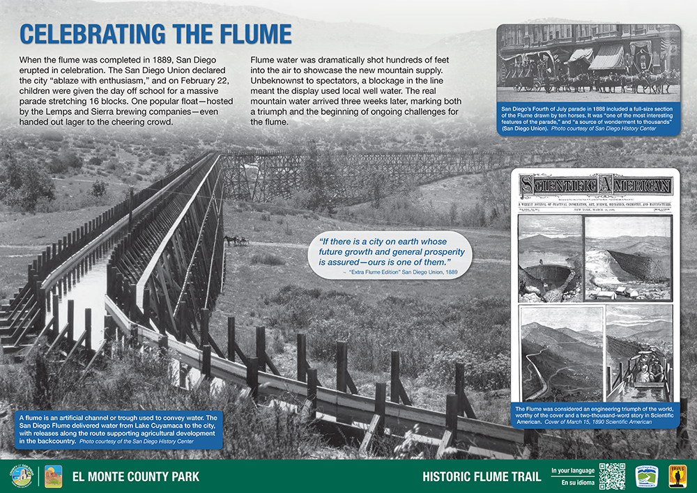 Flume Trail Interp Panel Reference image - shows local enthusiasm and celbrations for the completed flume