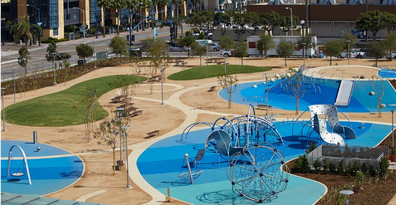 Innovative play area, benches, and several picnic areas within downtown San Diego