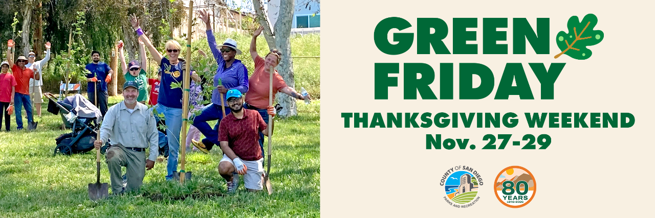 Volunteers plant trees with text Green Friday Thanksgiving Weekend Nov 27-29